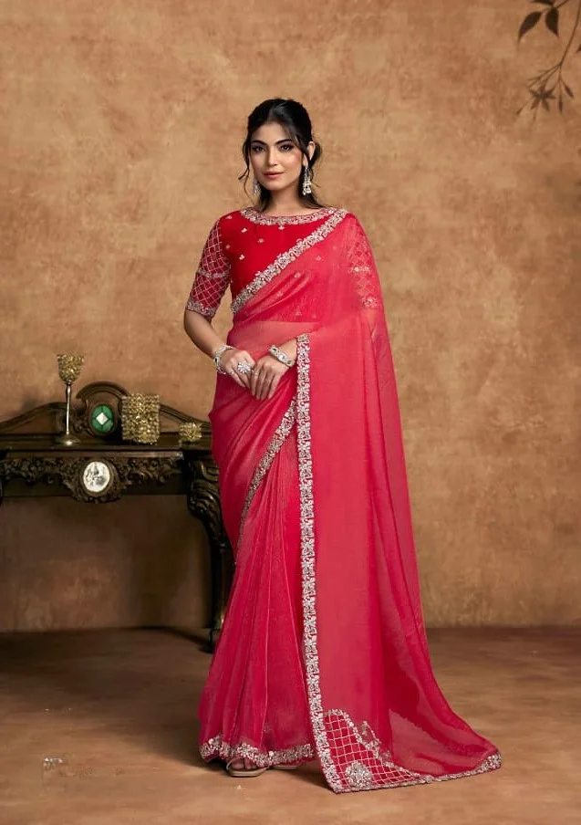 Classic Plain Saree with Border – Bright Pink